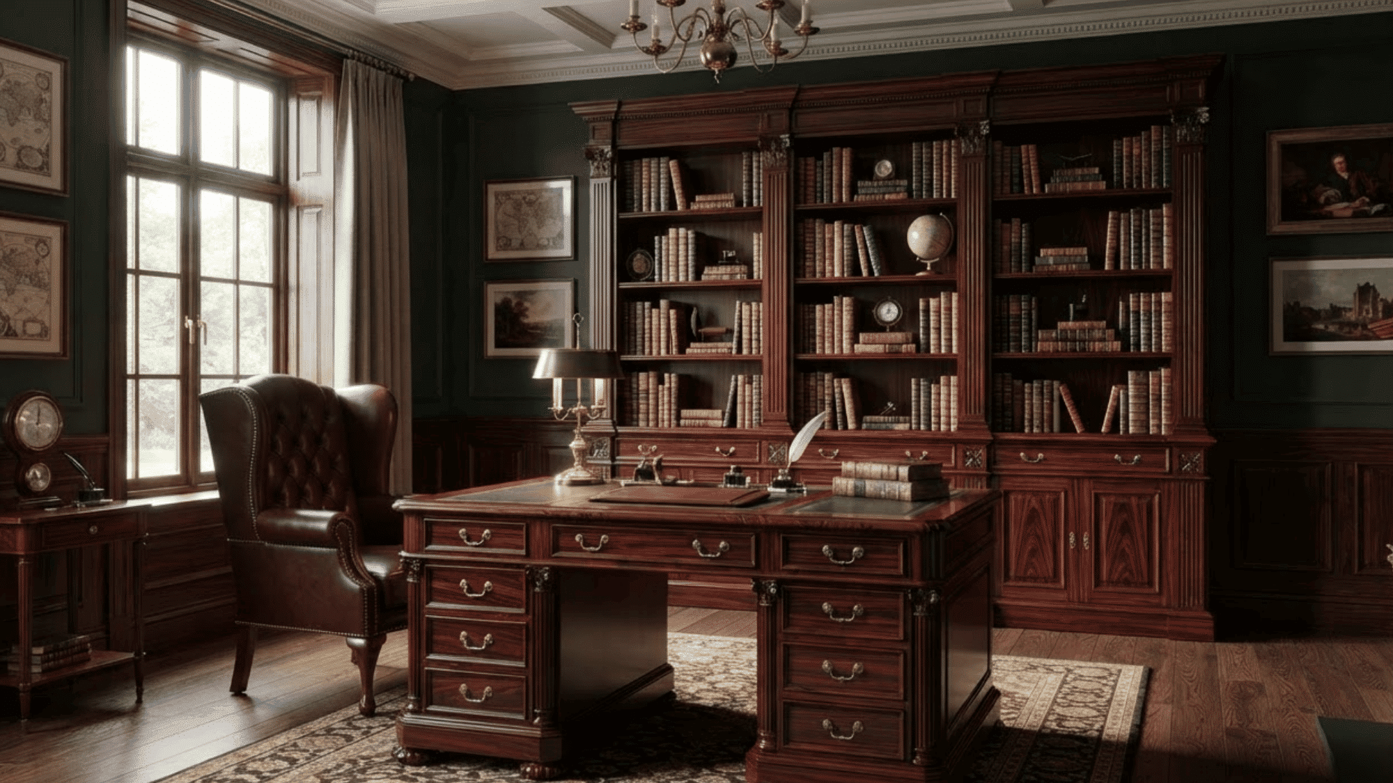 Deep red-brown mahogany desk and bookcase with ribbon grain in a classic home study