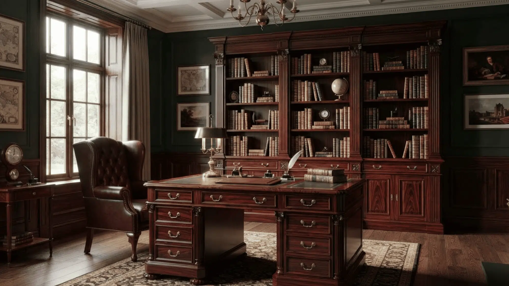Deep red-brown mahogany desk and bookcase with ribbon grain in a classic home study