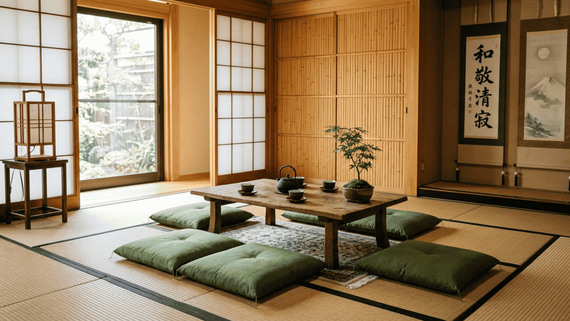 Japanese-style room with tatami flooring and low wooden table