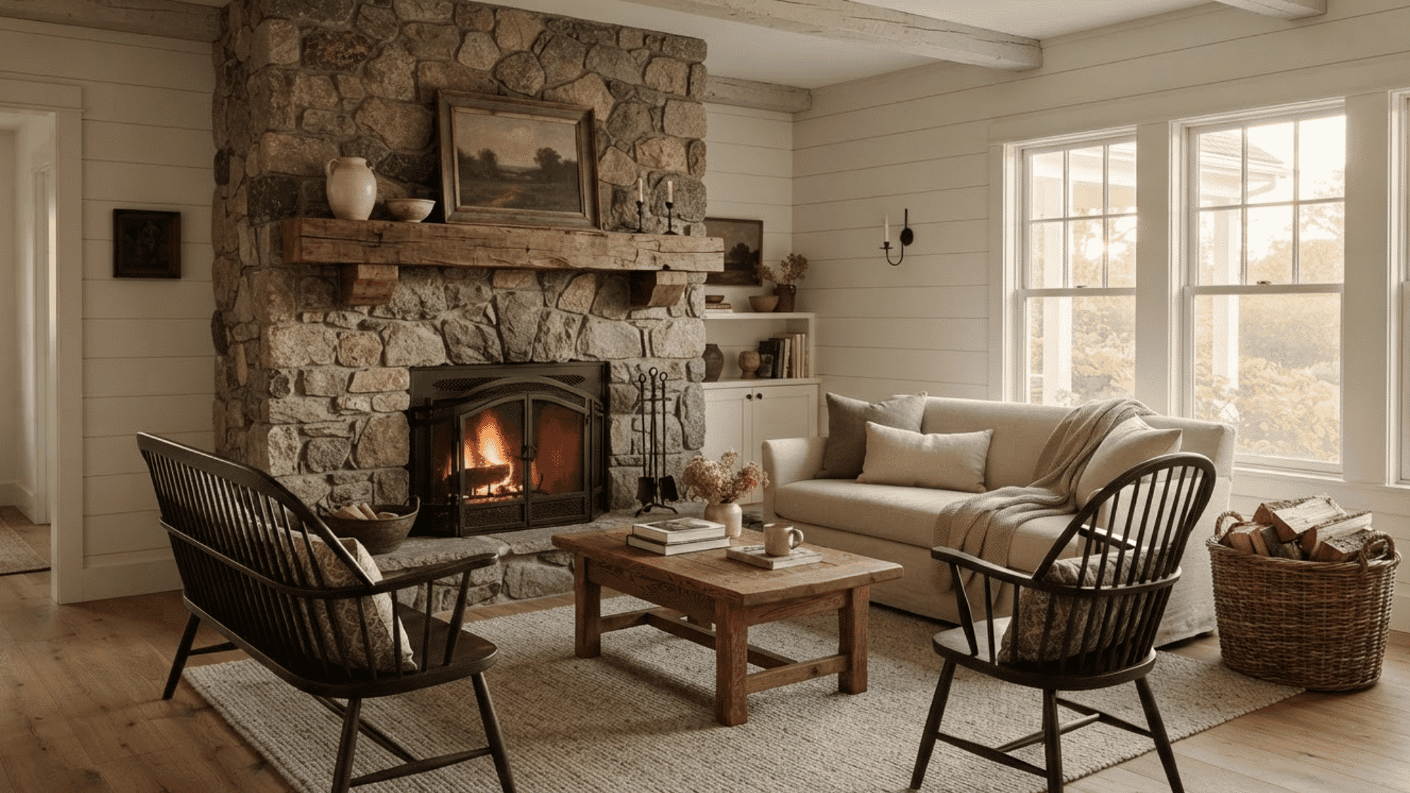 stone fireplace with wood mantel and farmhouse seating arranged for a cozy gathering space.