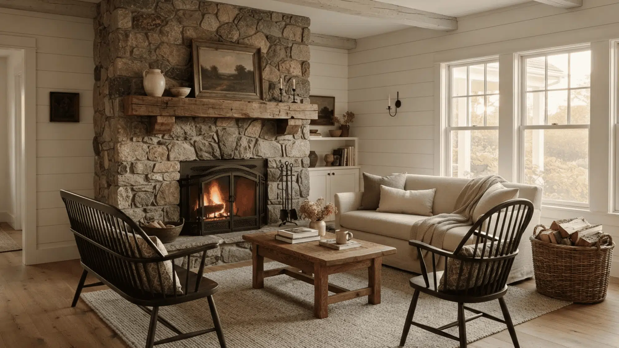 stone fireplace with wood mantel and farmhouse seating arranged for a cozy gathering space.