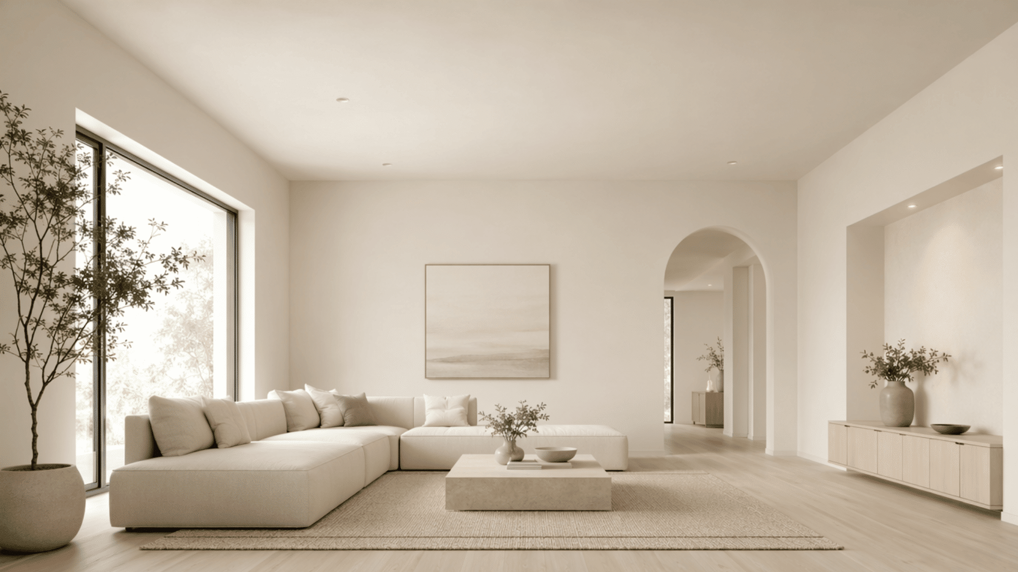 bright living room with matching white ceiling and walls creating an open feel.