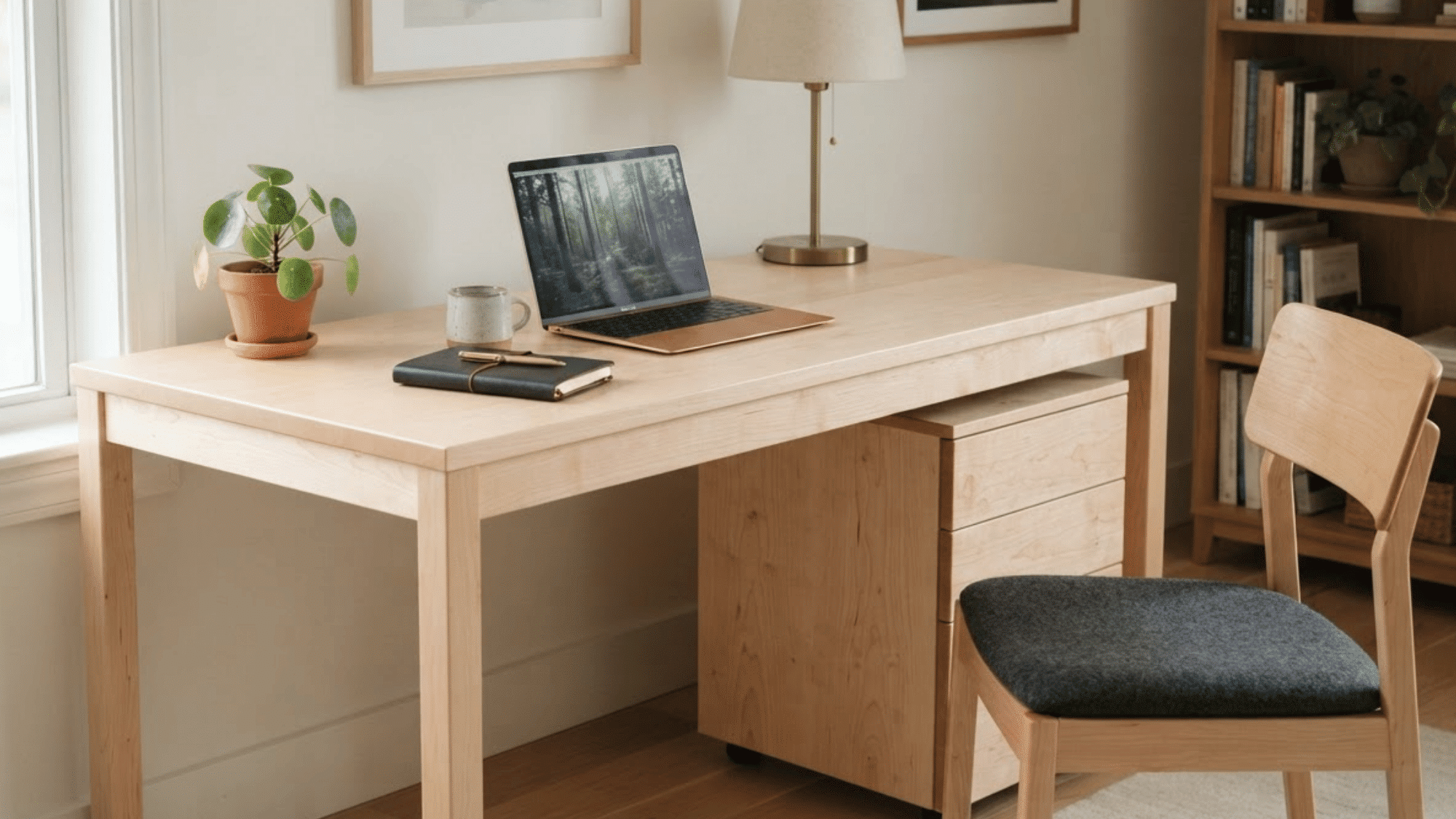 Pale maple desk and drawers with fine grain in a clean home office filled with soft daylight