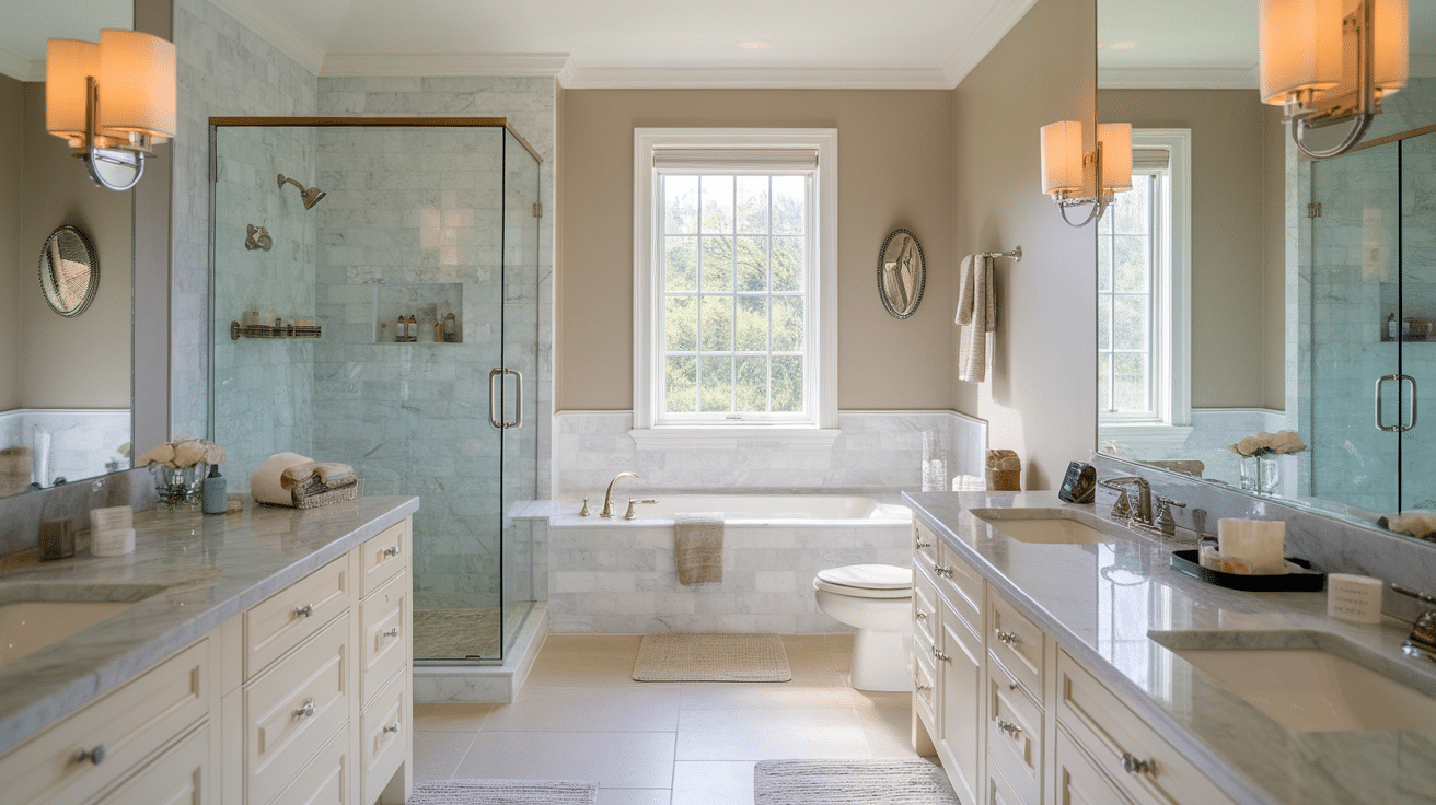 bathroom with pale stone countertops, two sinks, a bathtub, and a glass shower