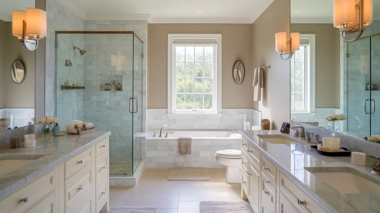 bathroom with pale stone countertops, two sinks, a bathtub, and a glass shower