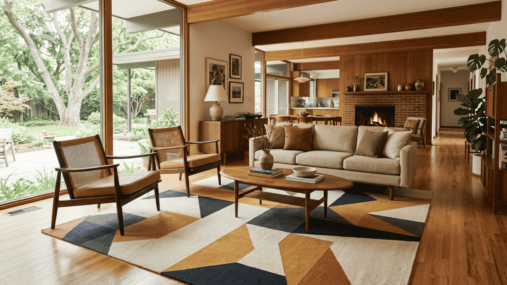 Large geometric rug beneath mid-century sofa and lounge chairs