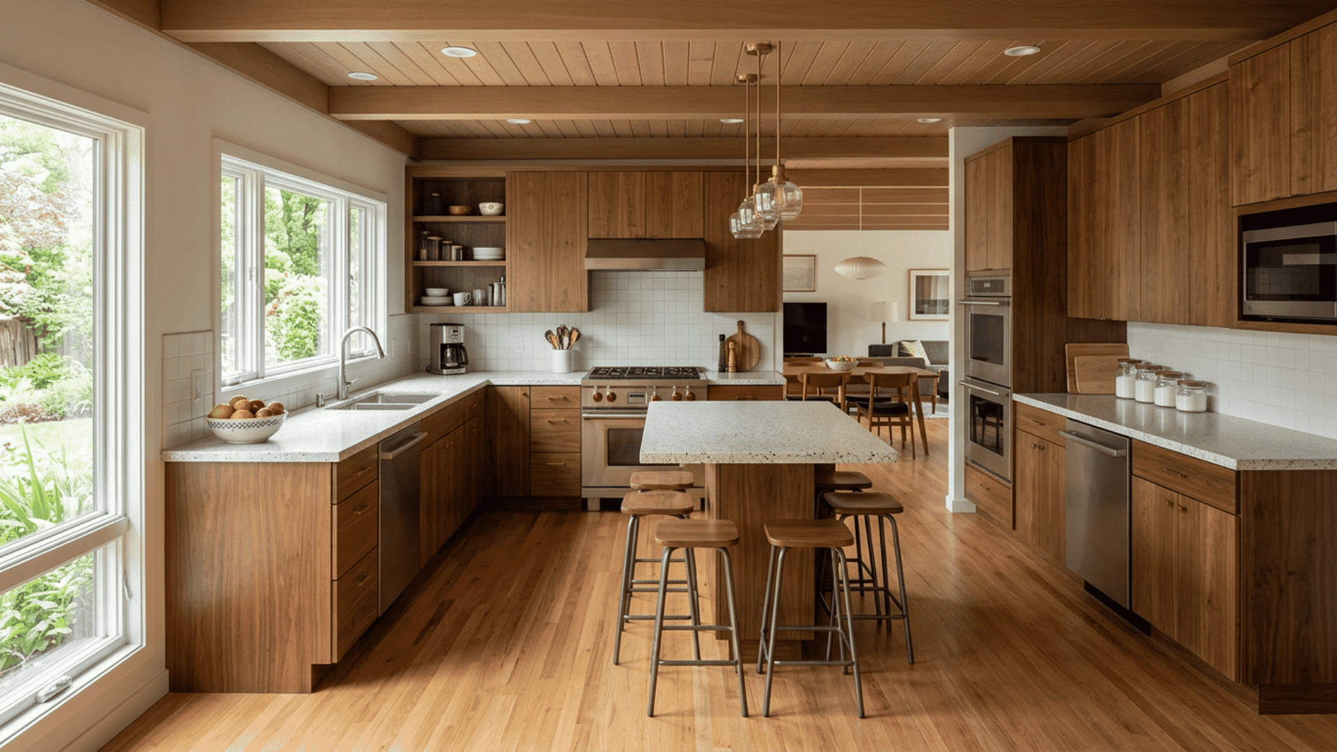 L-shaped mid-century kitchen with a compact central island