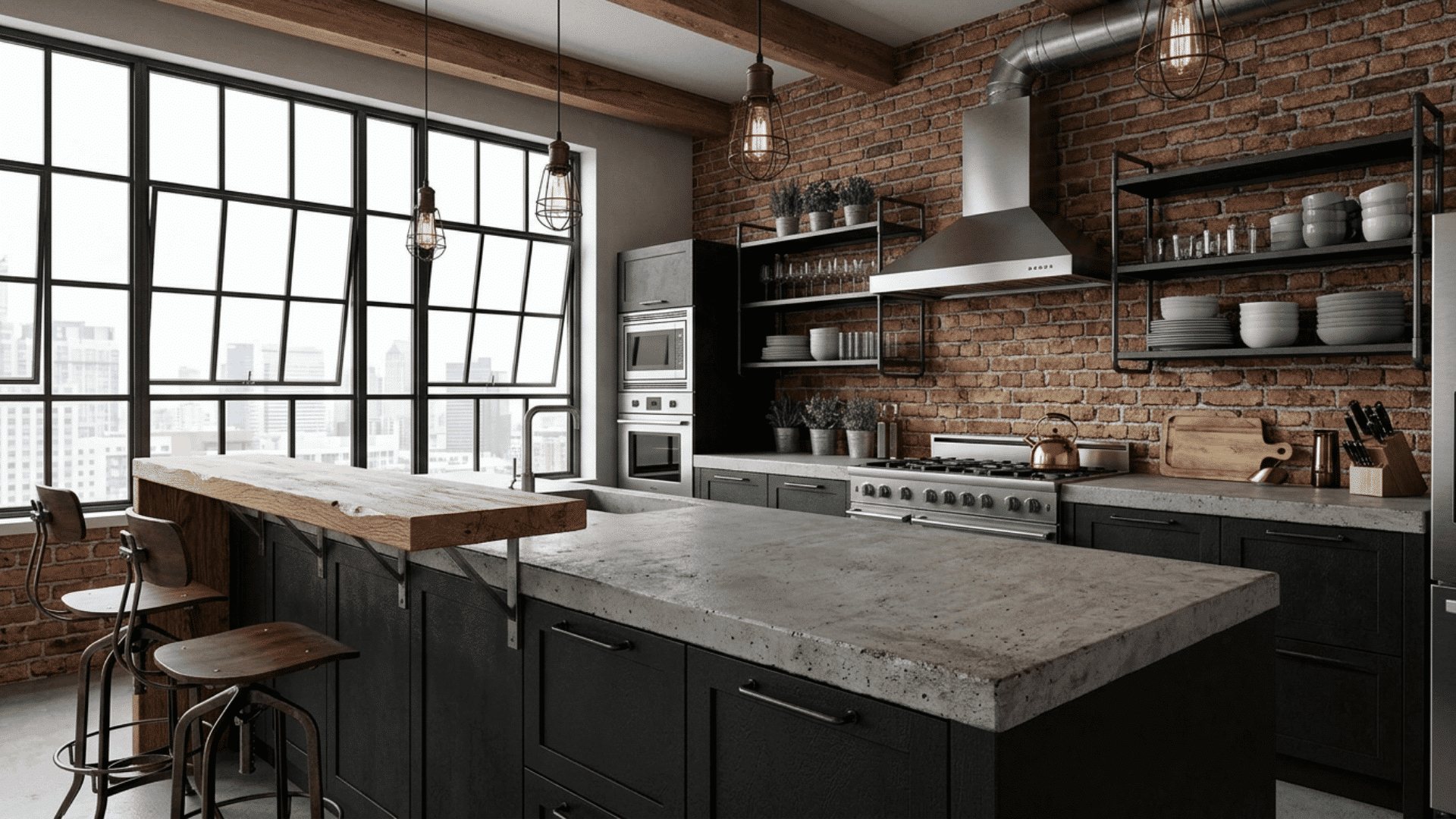 Matte black cabinets with concrete counters in an industrial loft kitchen
