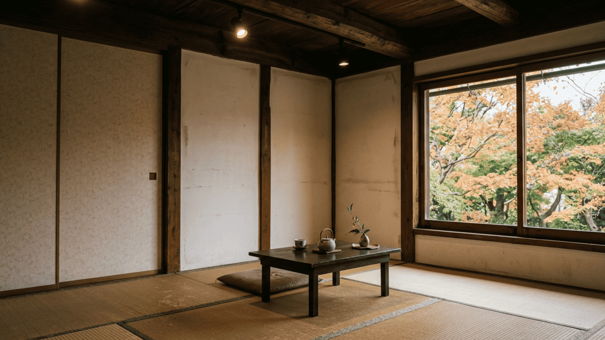 Traditional Japanese room with tatami flooring and natural window view