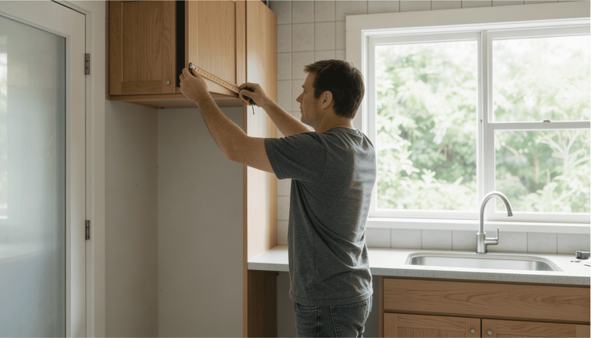 a man measuring the kitchen cabinet and space for taking notes of the measurement