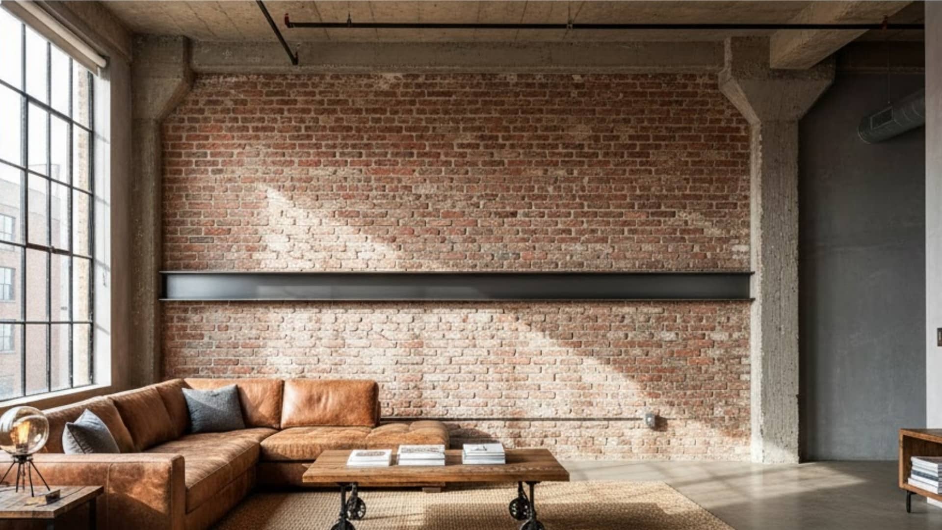 industrial loft with exposed brick walls and a sleek metal chair rail