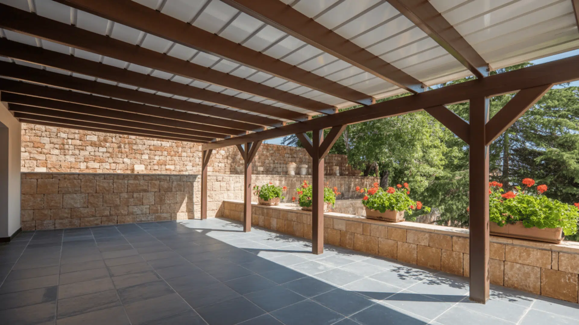 covered patio with metal roof panels on a timber frame provides durable all-weather outdoor shelter.