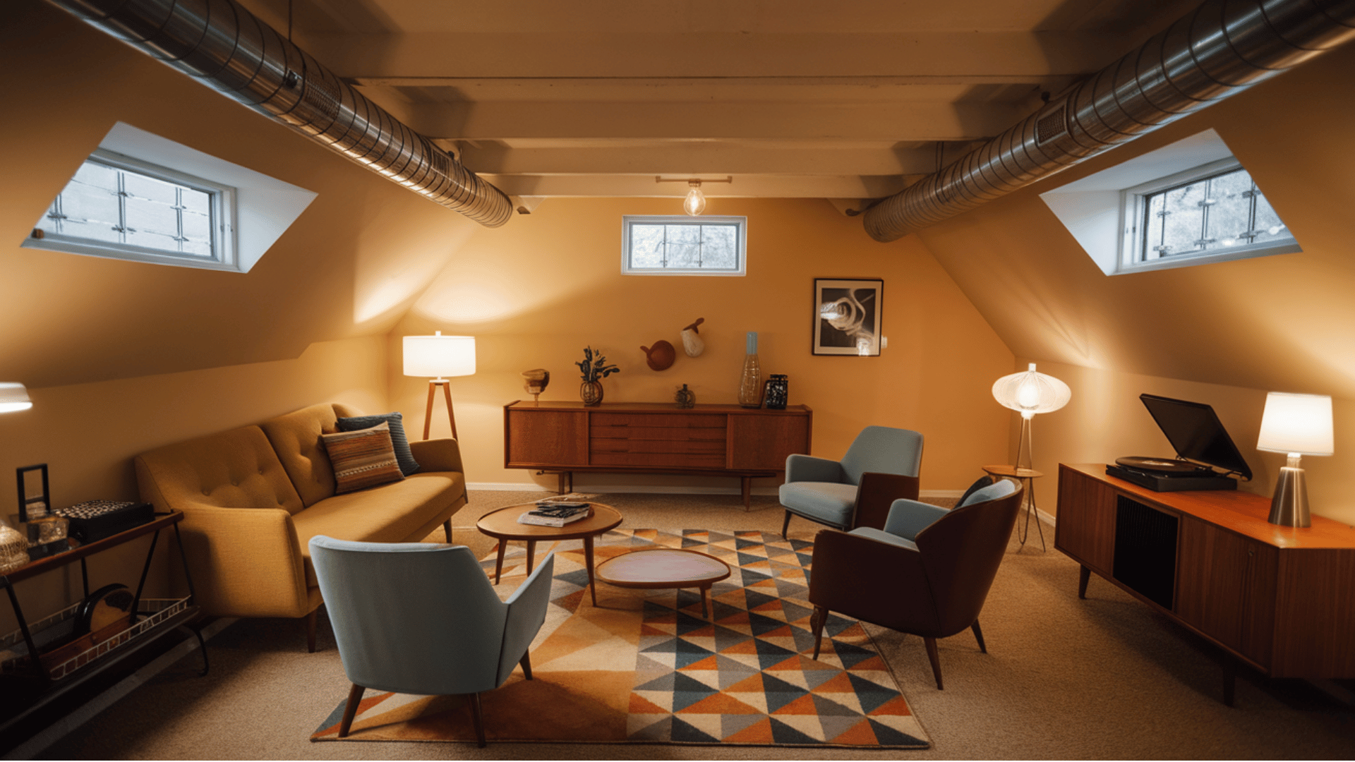 warm mid-century basement lounge with armchairs, a sofa, wood furniture, and patterned rug