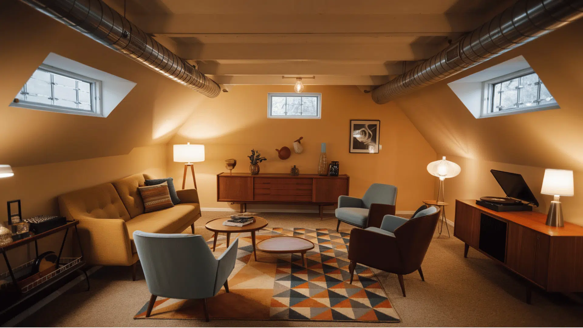 warm mid-century basement lounge with armchairs, a sofa, wood furniture, and patterned rug