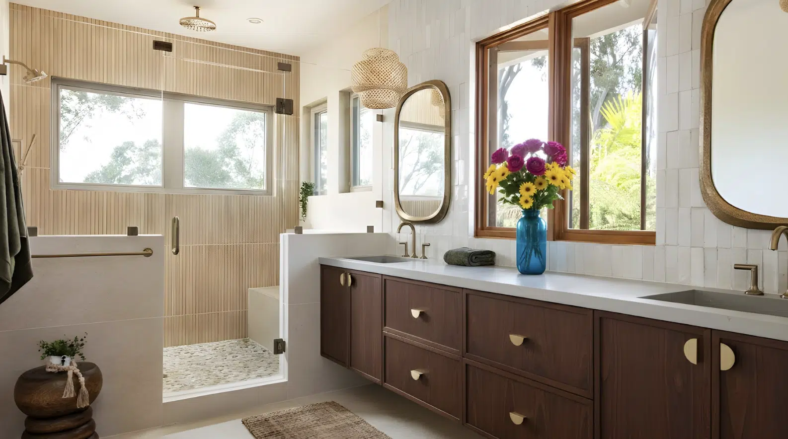 modern bathroom with wood vanity, stone textures, large windows, and a clean natural layout.
