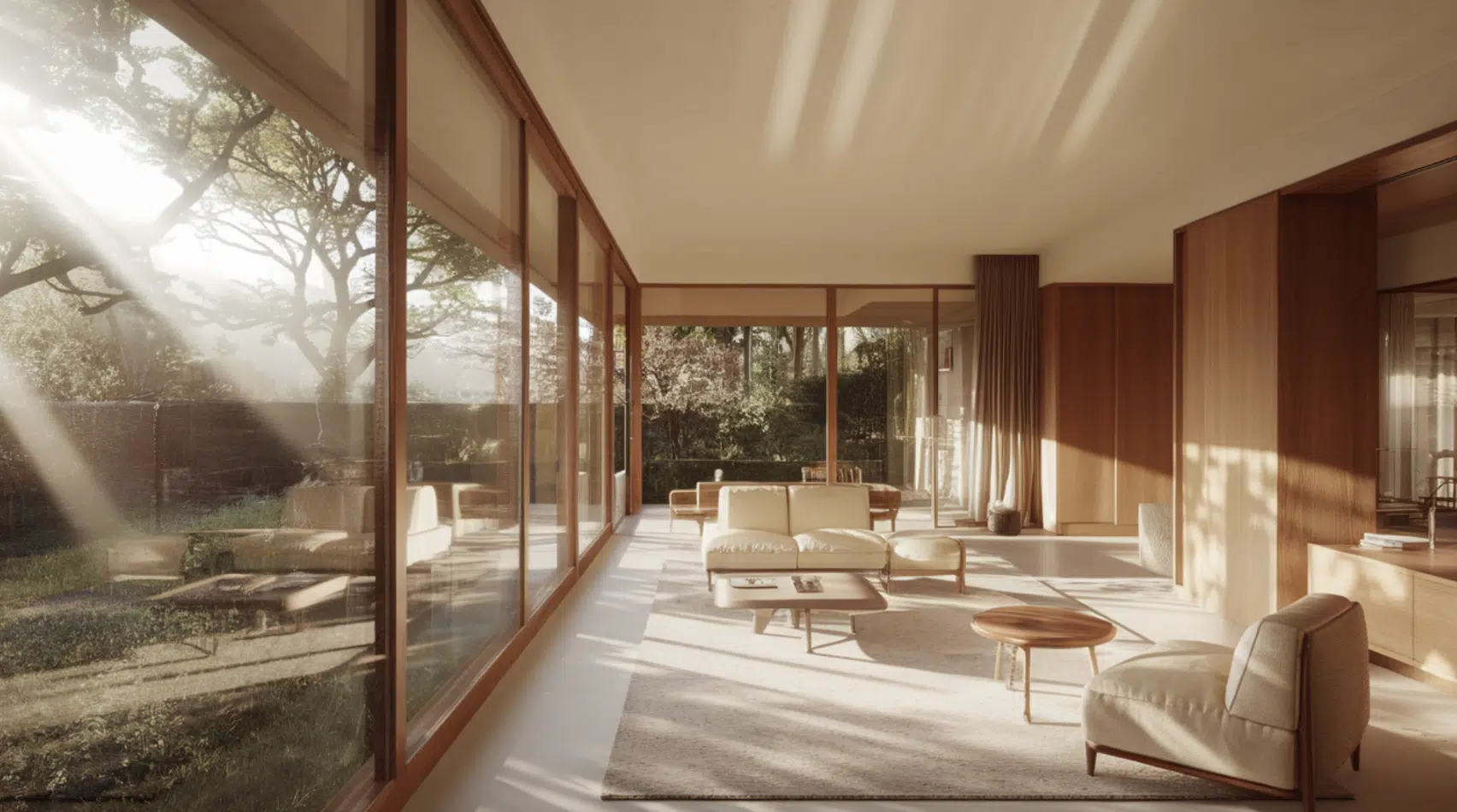 floor-to-ceiling windows fill a mid-century modern living room with natural light and garden views.