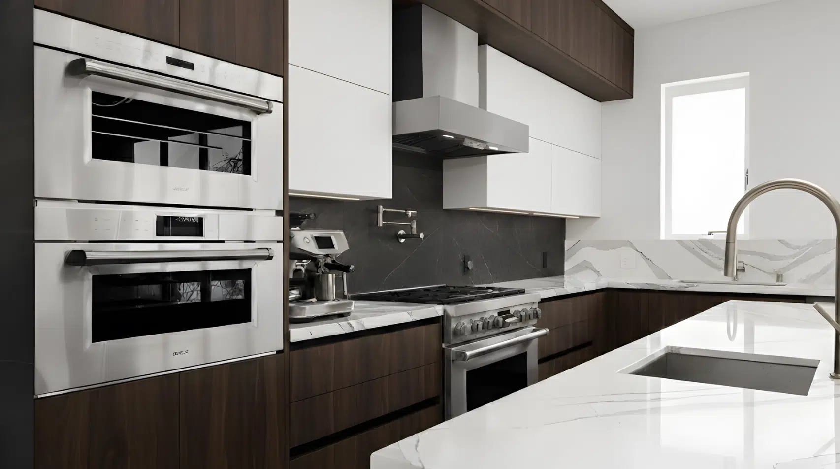 modern kitchen with integrated appliances, wood cabinets, and clean white countertops.