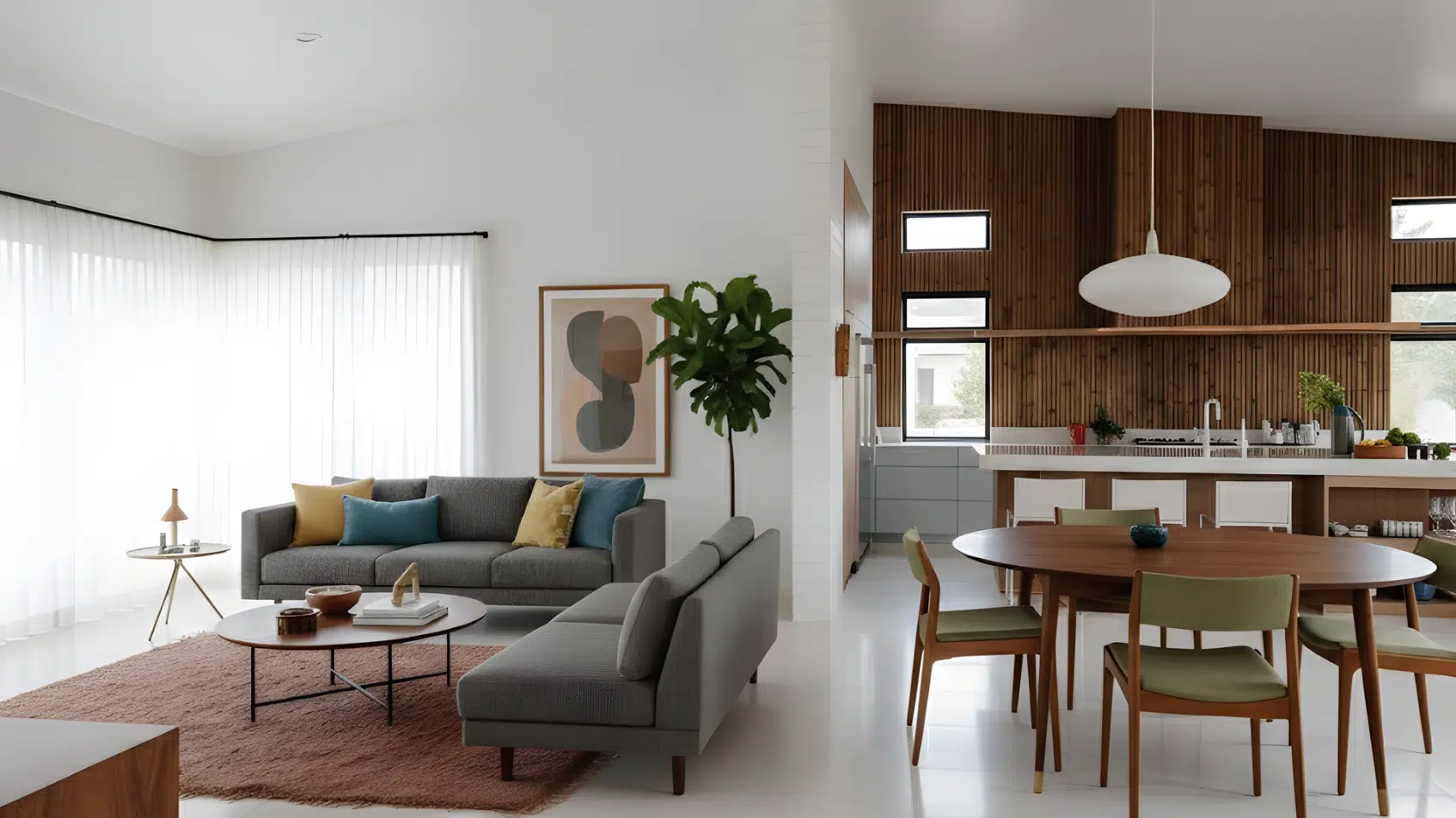 open-plan mid-century modern living and dining area with neutral tones, wood accents, and subtle colors.