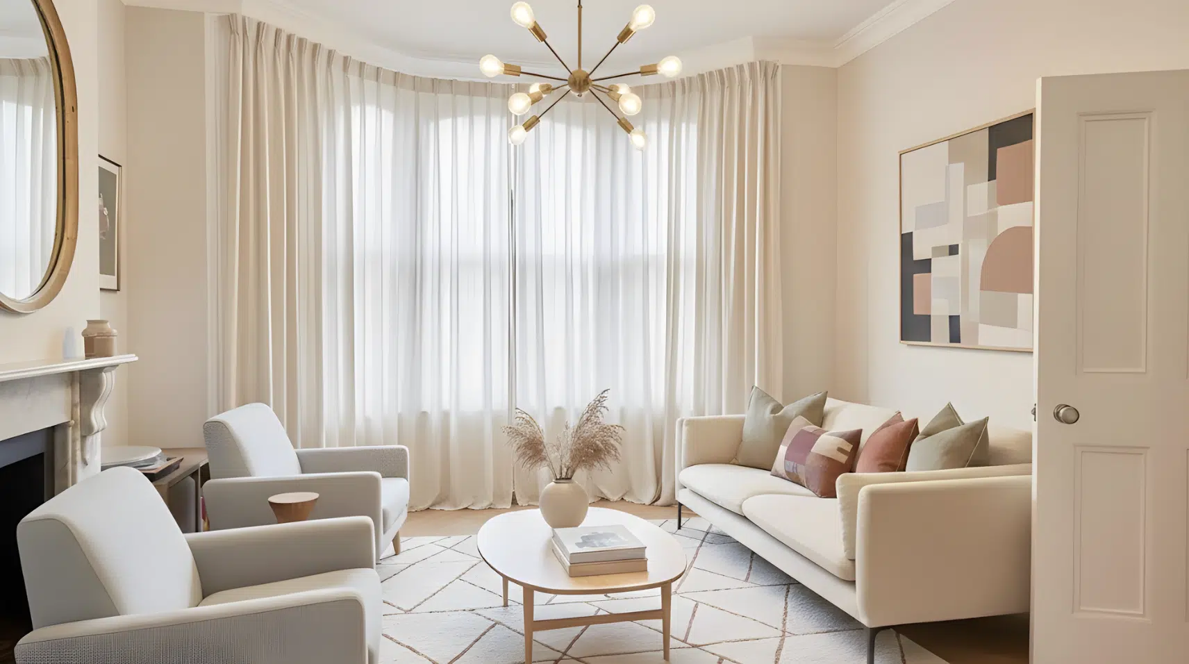 neutral mid-century modern living room with soft accent pillows and a sculptural ceiling light.