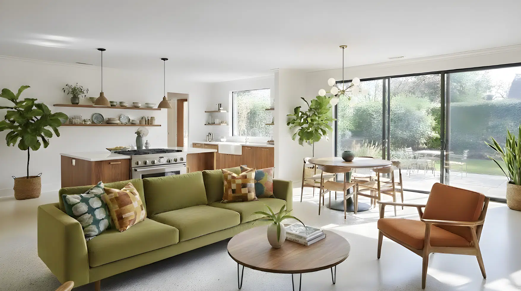 open-plan mid-century modern living, dining, and kitchen with large windows and natural light.