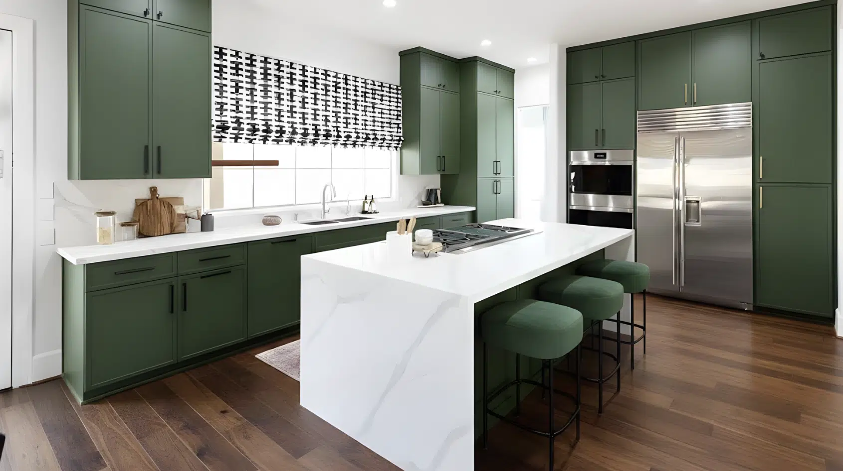Modern kitchen with green cabinets, open shelving, white island, and mixed storage solutions.