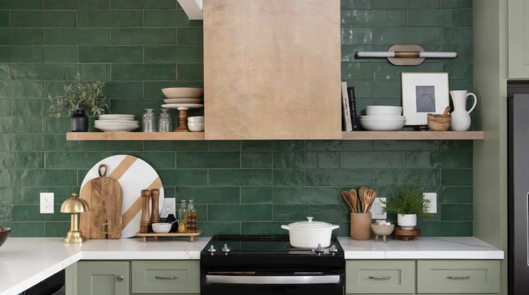 green tile kitchen backsplash with open wood shelves, stone counters, and minimalist styling.