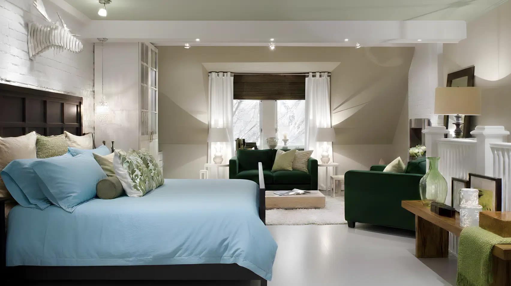 mid-century modern bedroom with layered lighting, soft lamps, and a bright, relaxing seating area.