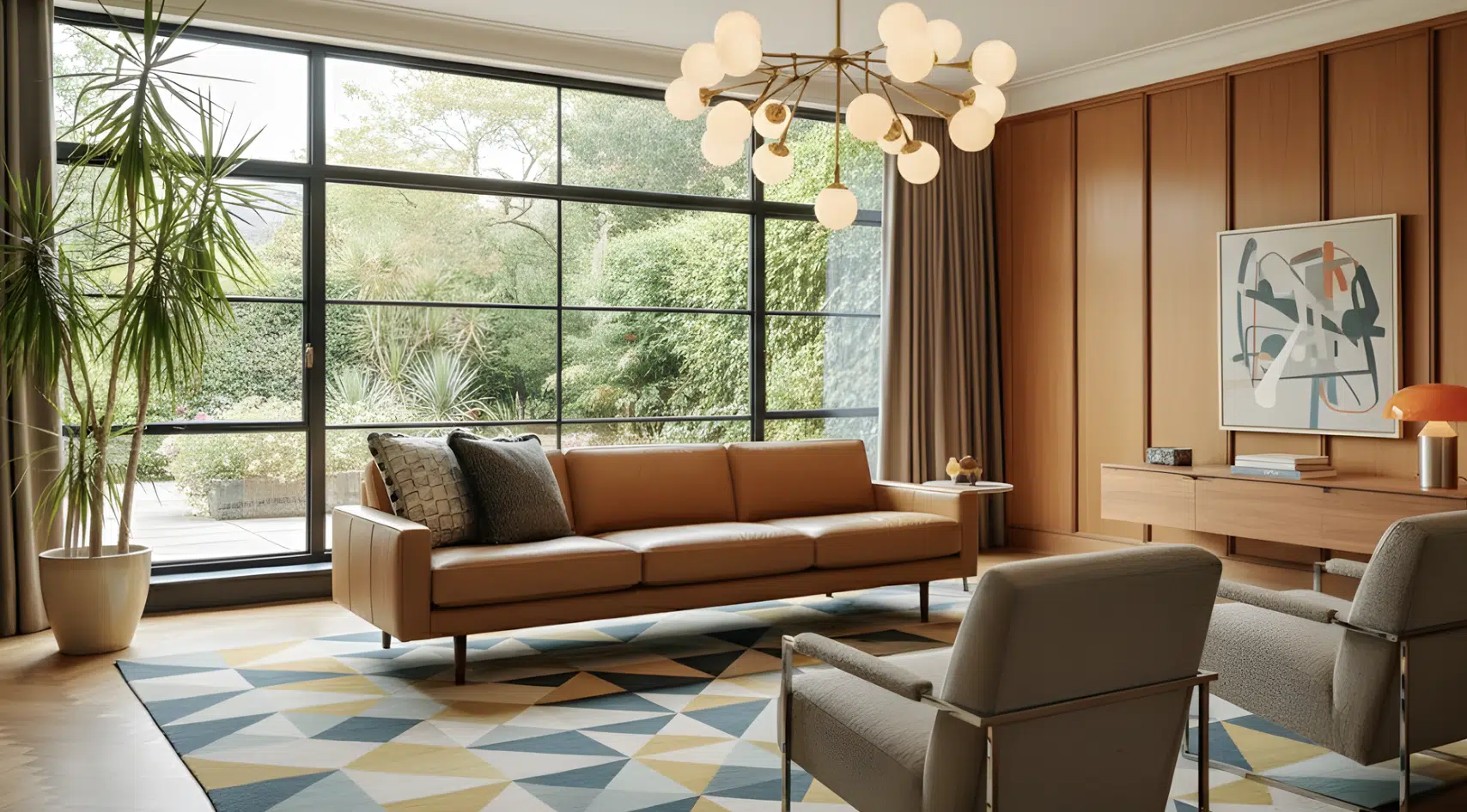mid-century modern living room with sculptural chandelier, wood paneling, and large garden-facing windows.