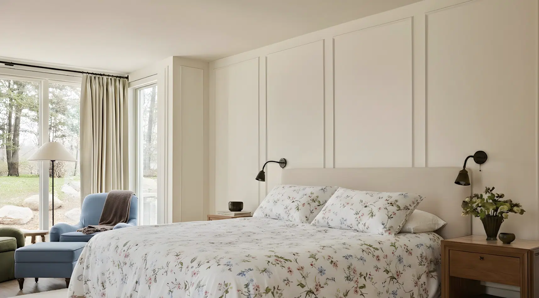 bedroom with warm wood nightstands, neutral walls, soft lighting, and large windows.