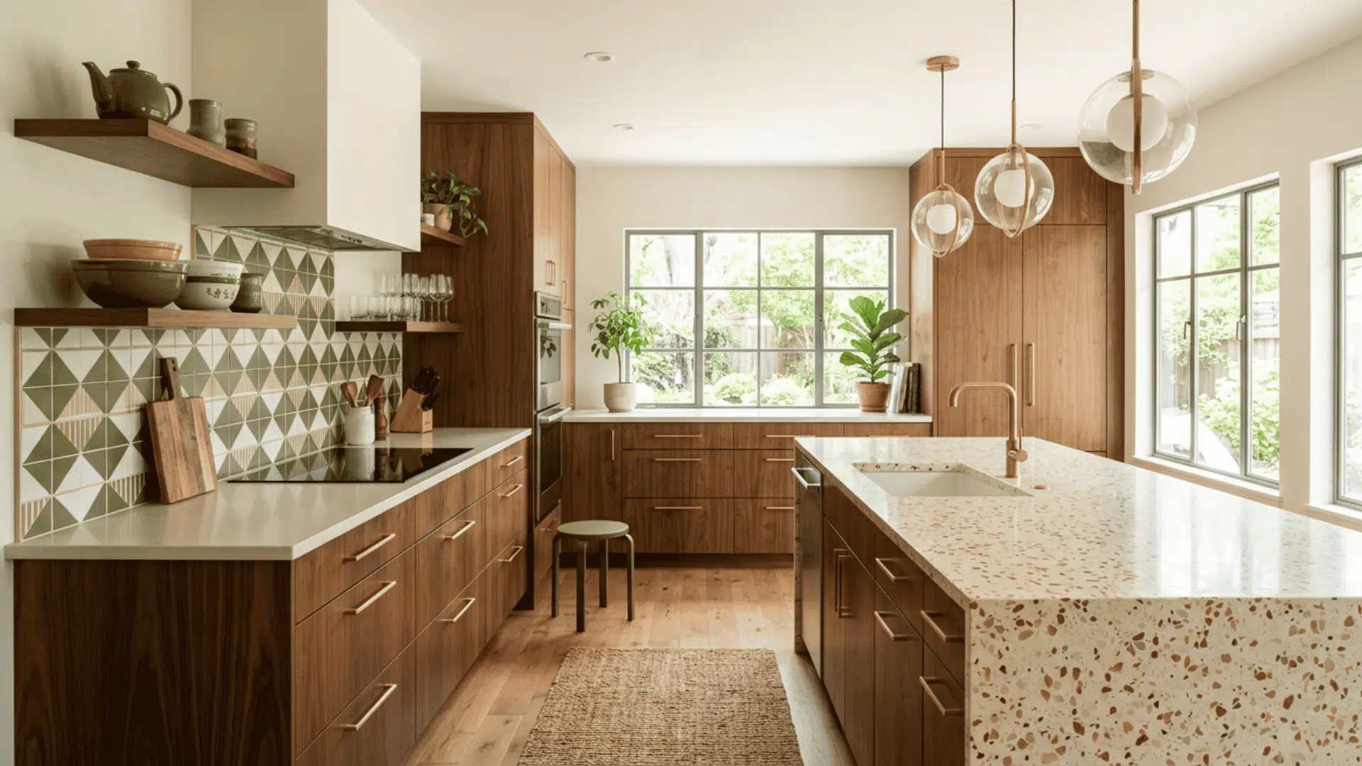 Mid-century modern kitchen with walnut cabinets, terrazzo island, and globe lights