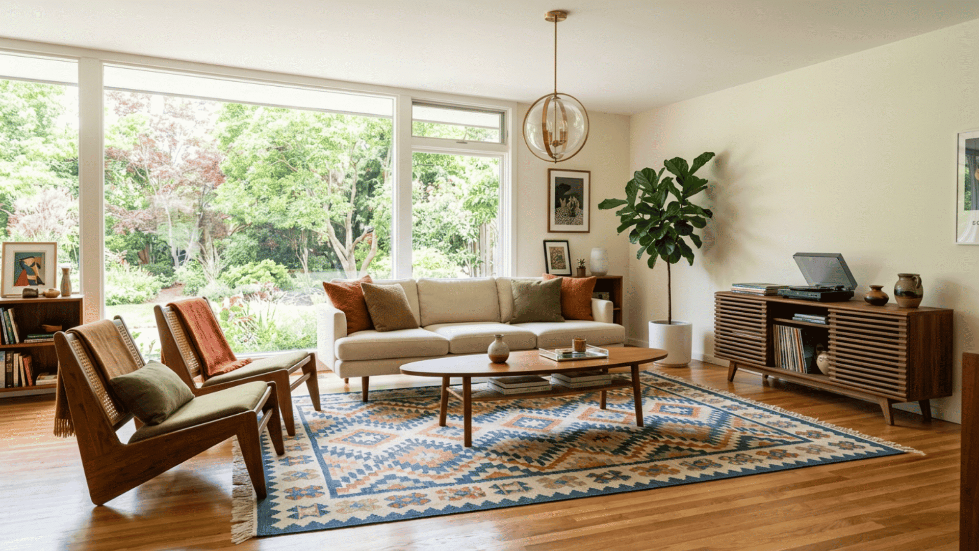 Mid-century modern living room with warm wood furniture and olive accents