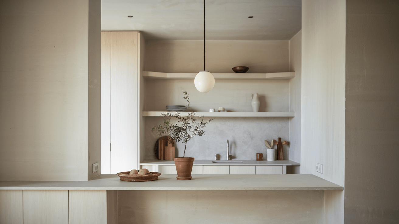 compact white kitchen with simple shelves, neutral pottery, plants, and minimal decor accents