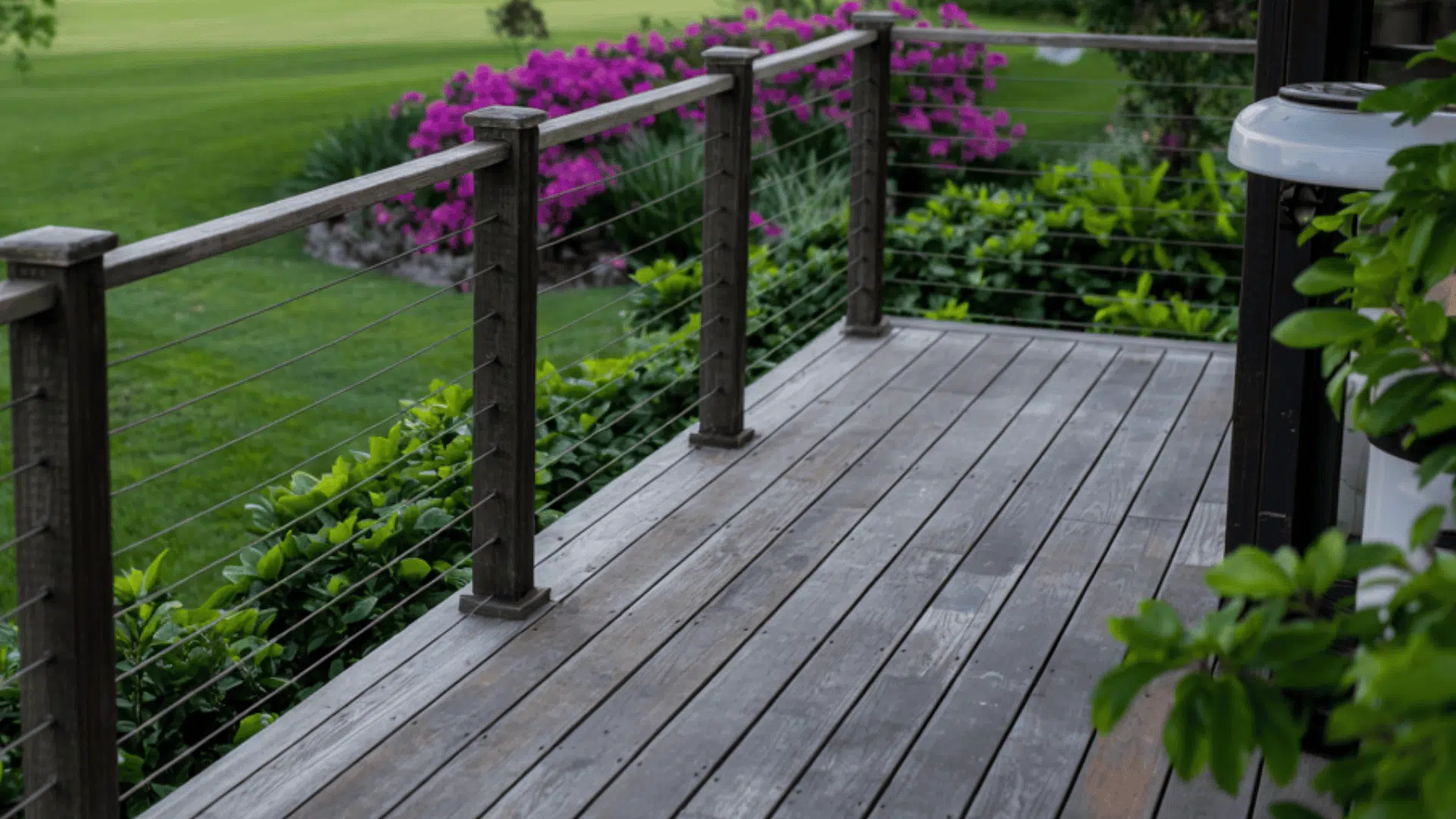 minimal cable railing on a wooden deck keeps backyard views open while providing safety.