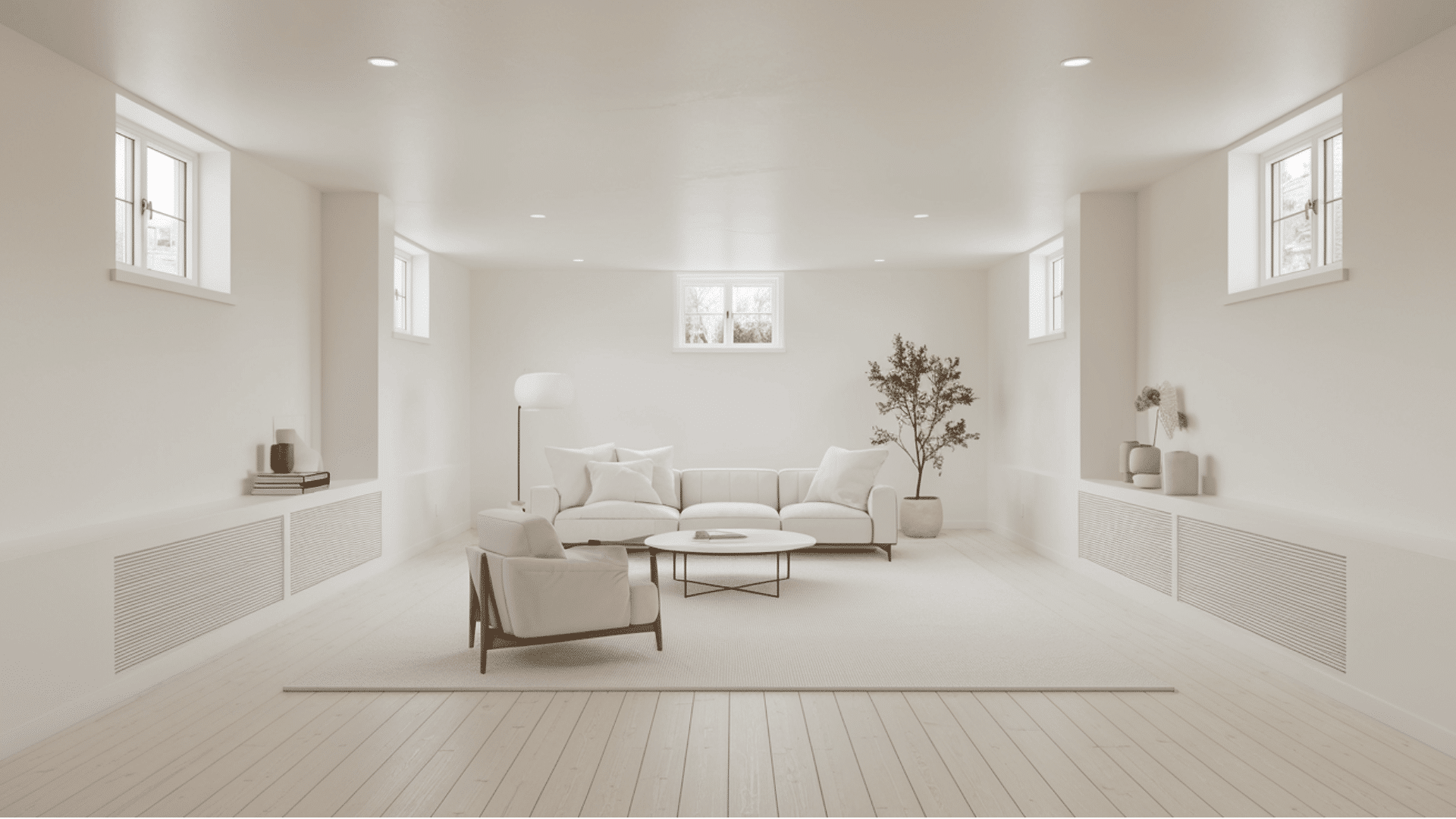 minimalist white basement with pale furniture, clean walls, and a small indoor tree