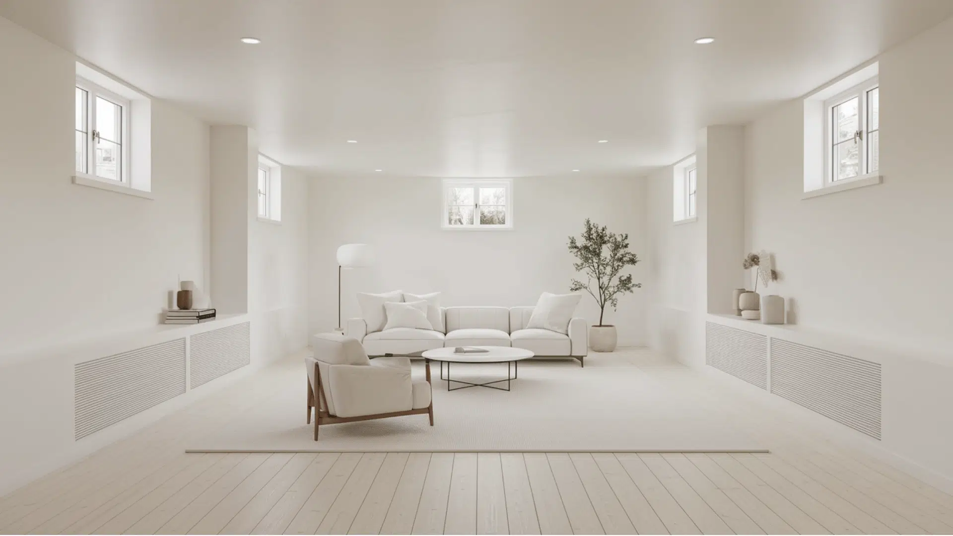 minimalist white basement with pale furniture, clean walls, and a small indoor tree