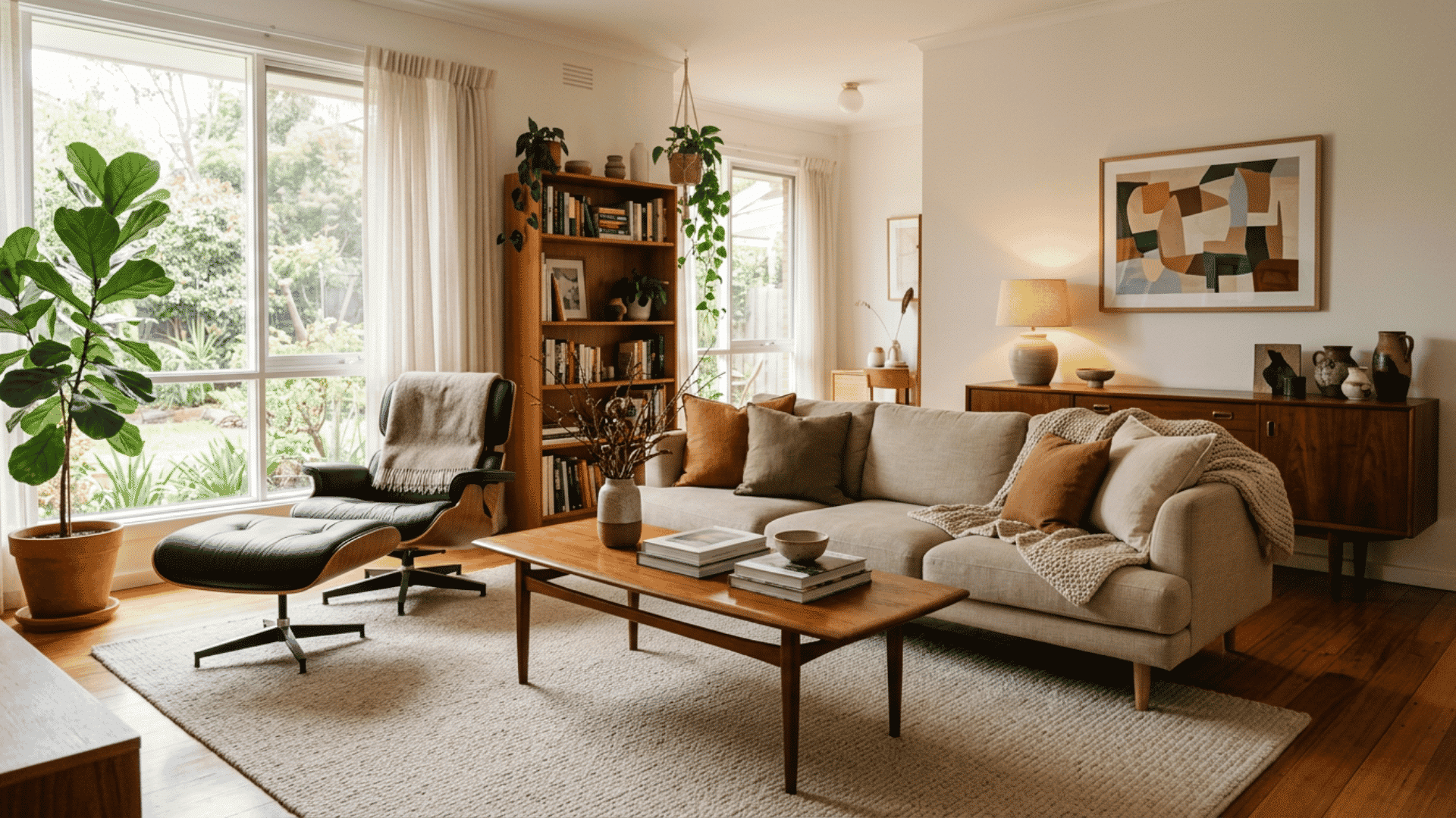 modern sofa paired with vintage wood furniture and a lounge chair