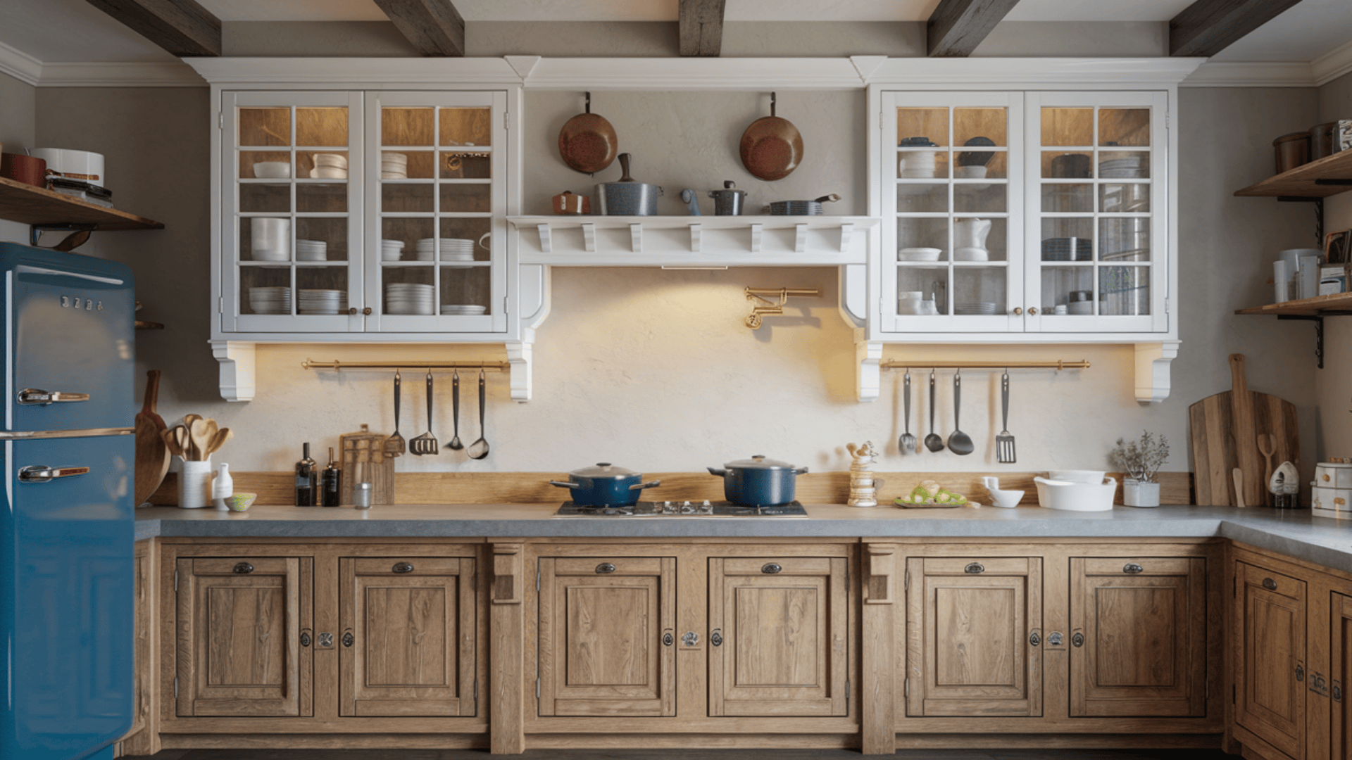 traditional kitchen with rustic wood cabinets, white uppers, open shelves, and ceiling beams