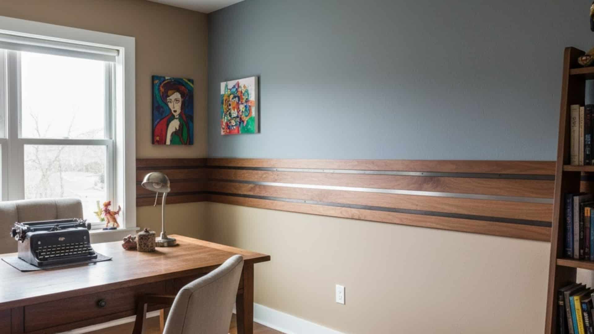 home office with mixed wood and metal chair rails creating a layered wall detail
