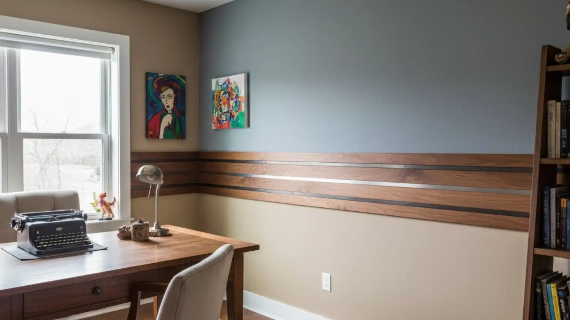 home office with mixed wood and metal chair rails creating a layered wall detail