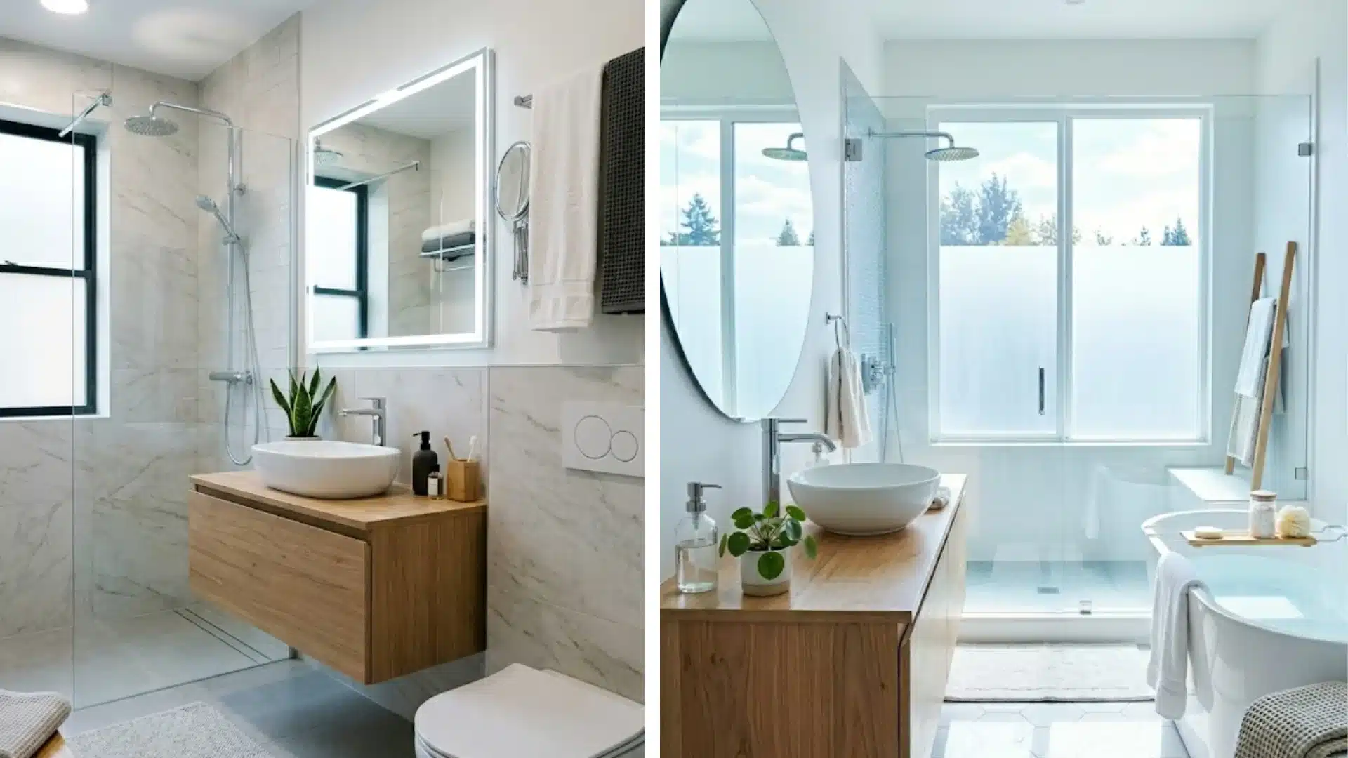 Modern bathroom comparison showing cool white and daylight lighting with different brightness tones