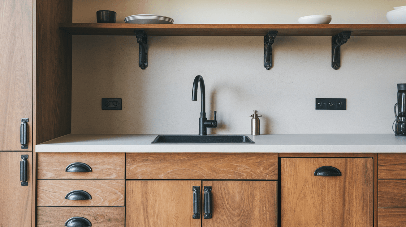 industrial kitchen with wood cabinets, black fixtures, open shelf, and white countertop
