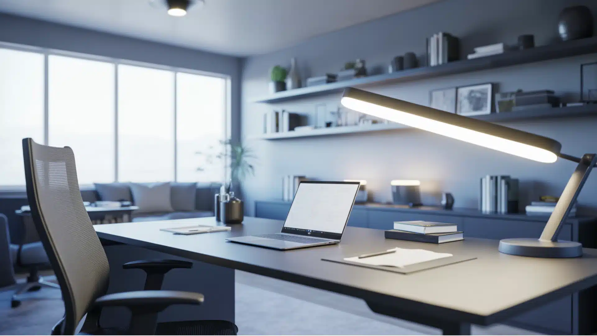 Modern office desk with cool white task lighting for focus, productivity, and reduced eye strain