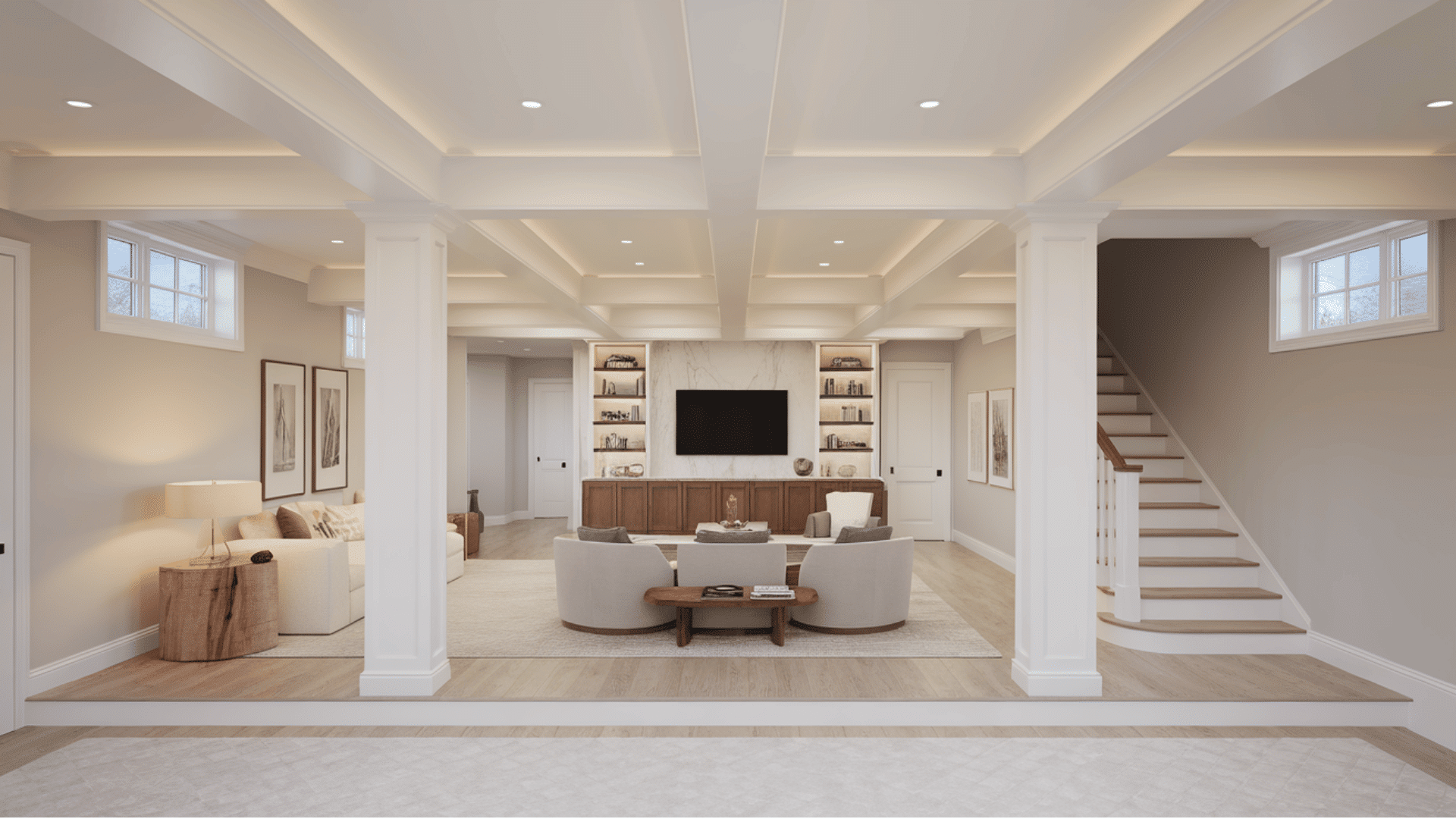 open-concept basement with a lounge, fireplace, white columns, and staircase