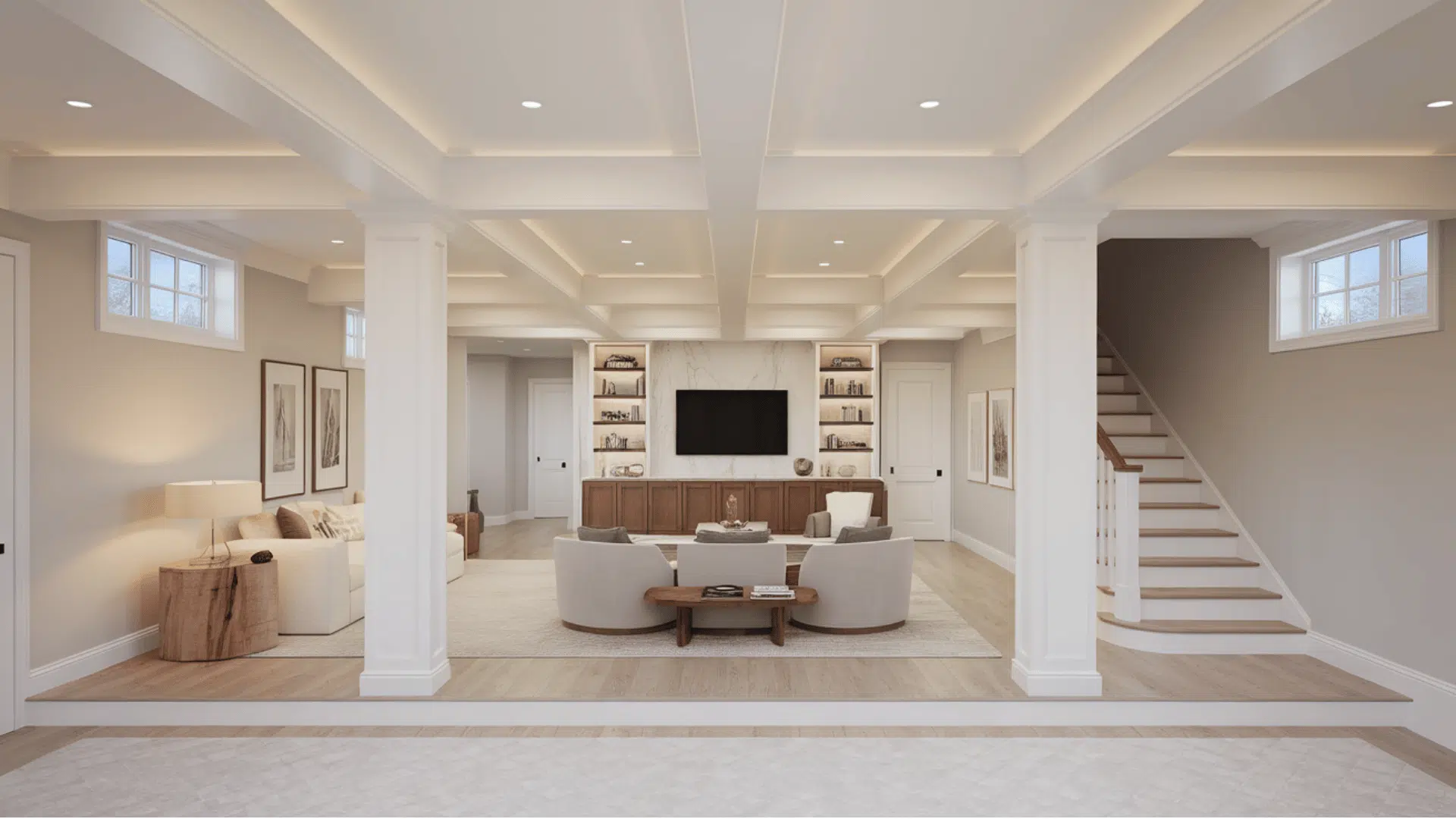 open-concept basement with a lounge, fireplace, white columns, and staircase