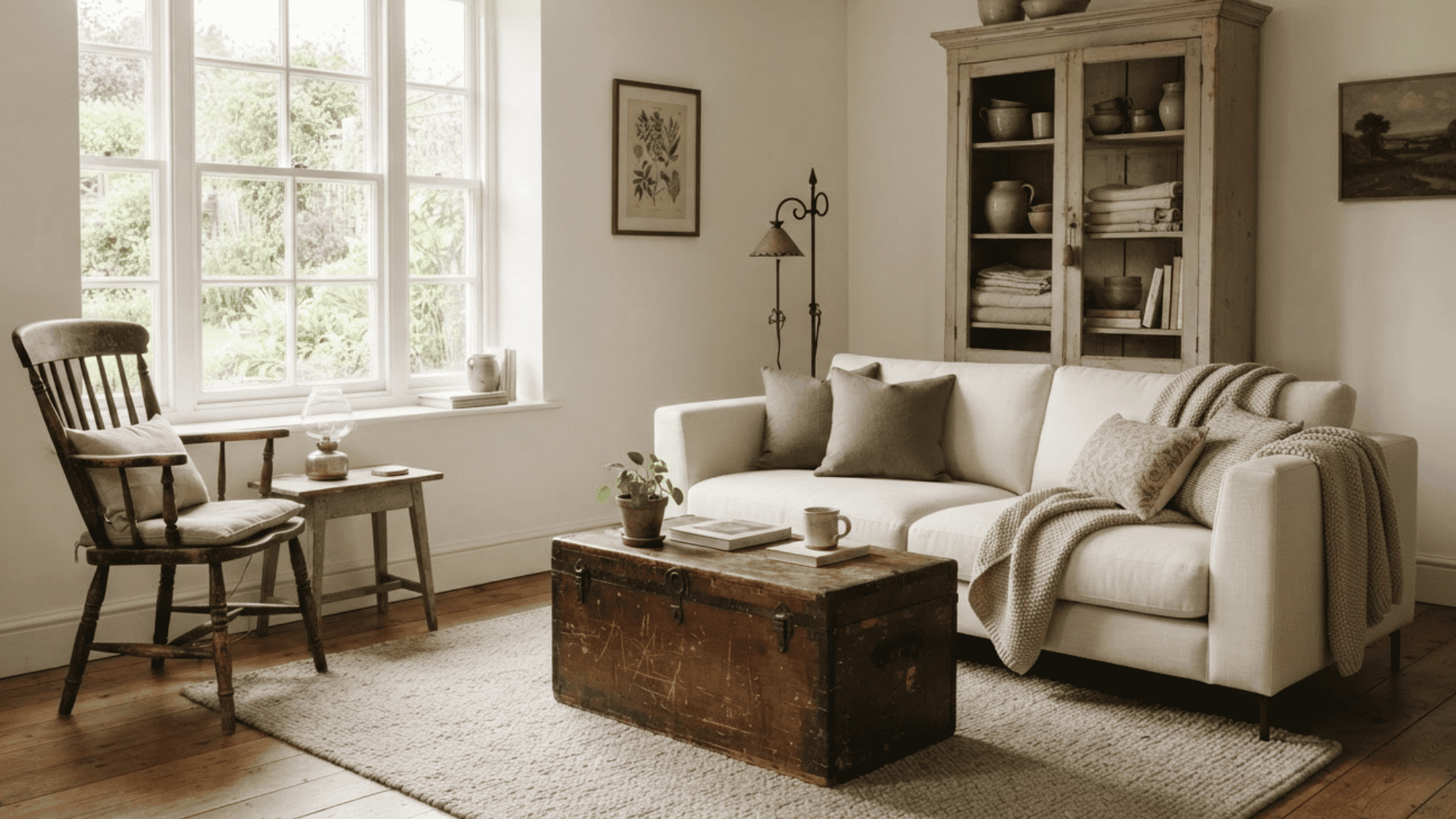 modern cream sofa paired with a vintage trunk, spindle chair, and aged farmhouse cabinet.