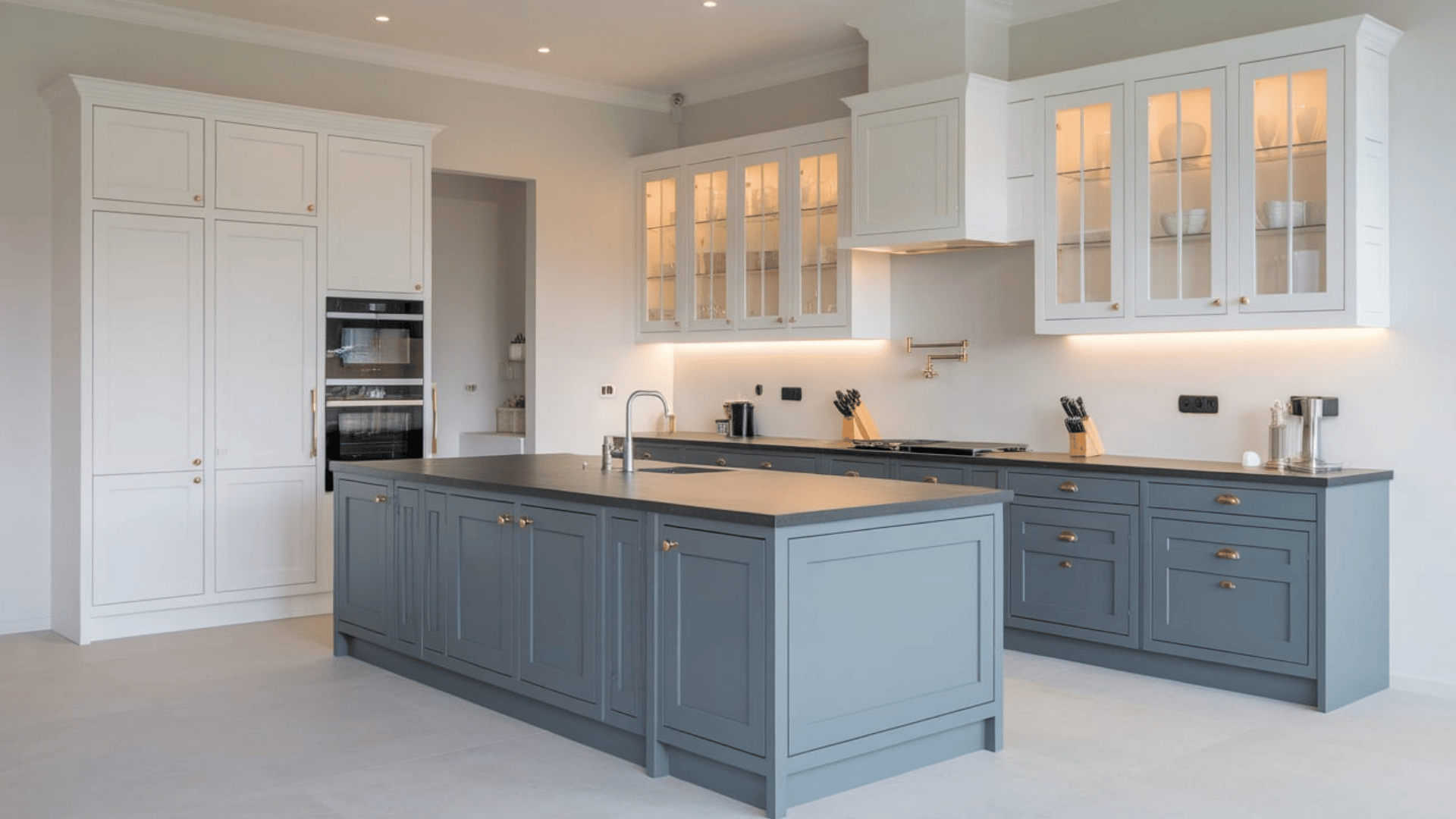 spacious kitchen with white cabinets, a grey island, glass doors, and dark countertops