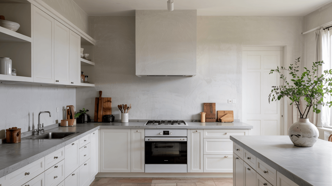 monochrome white kitchen with matching cabinets, counters, backsplash, and vent hood