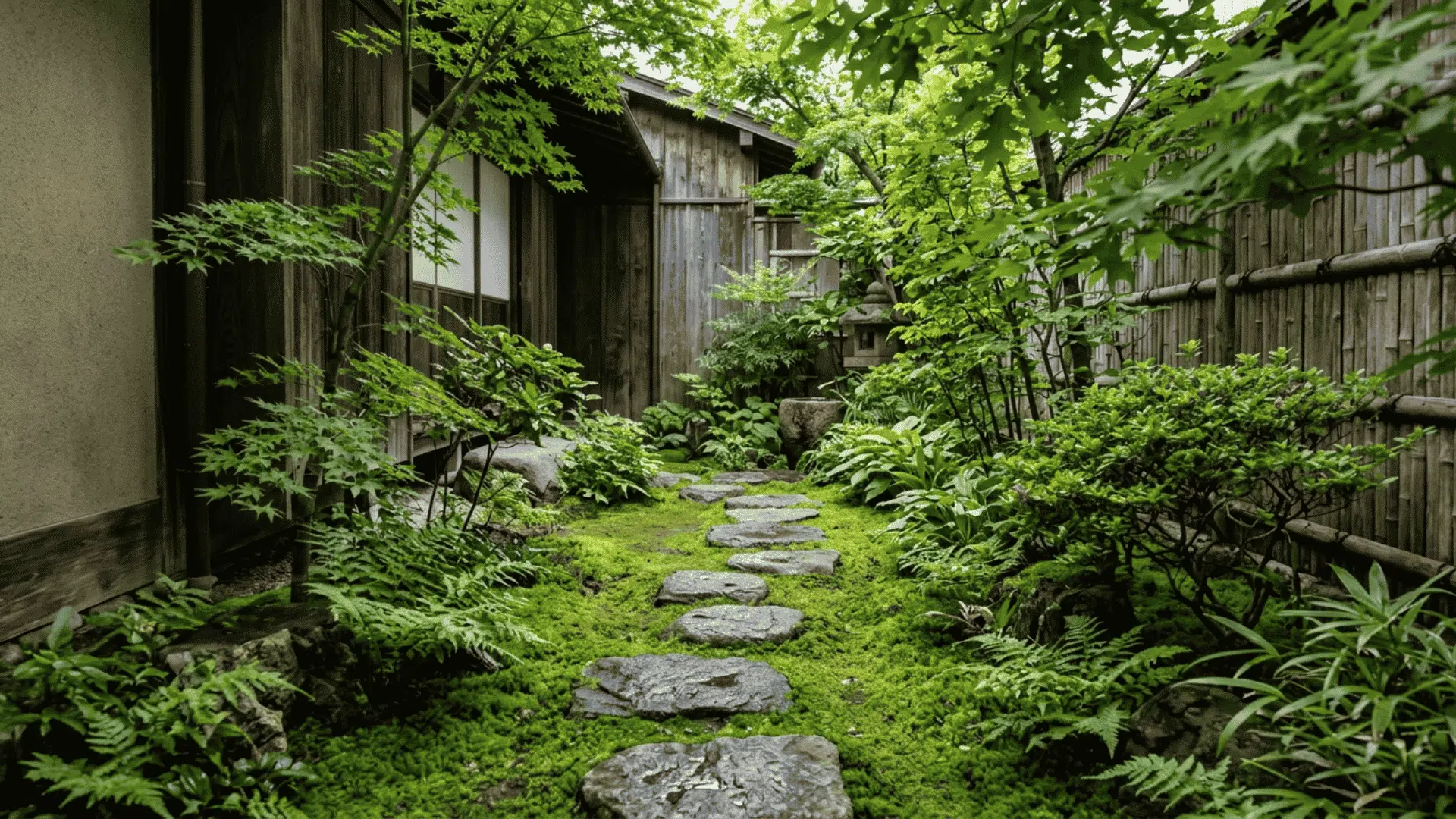 flat stepping stones cross lush green moss in a shaded japanese courtyard garden