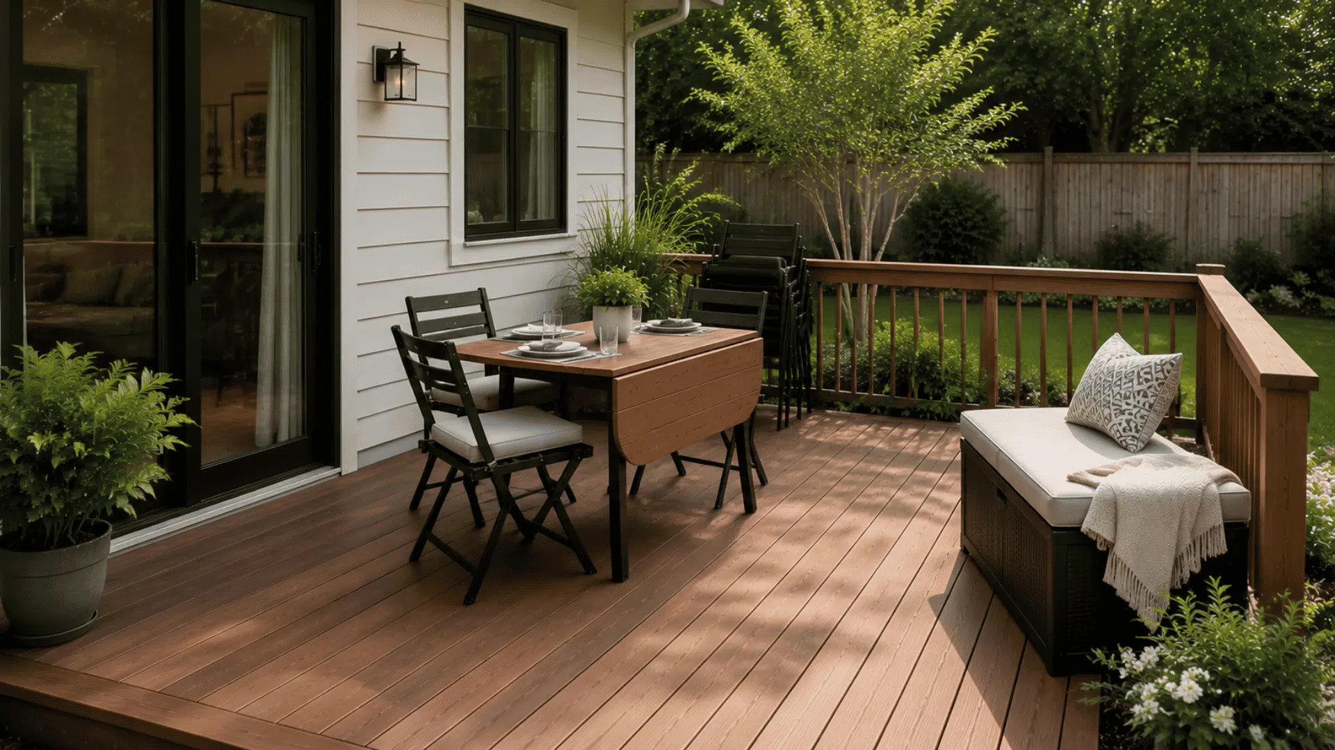 Small deck with space-saving furniture including folding table and storage seating.