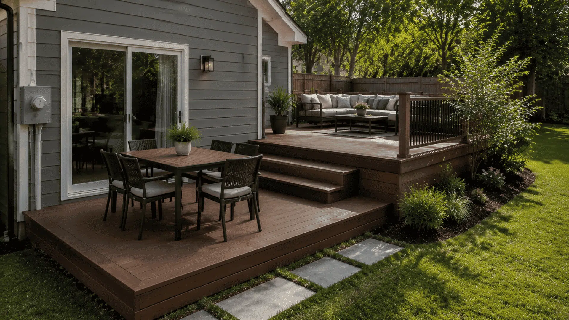Multi-level deck with dining and lounge areas using different heights in a small yard.